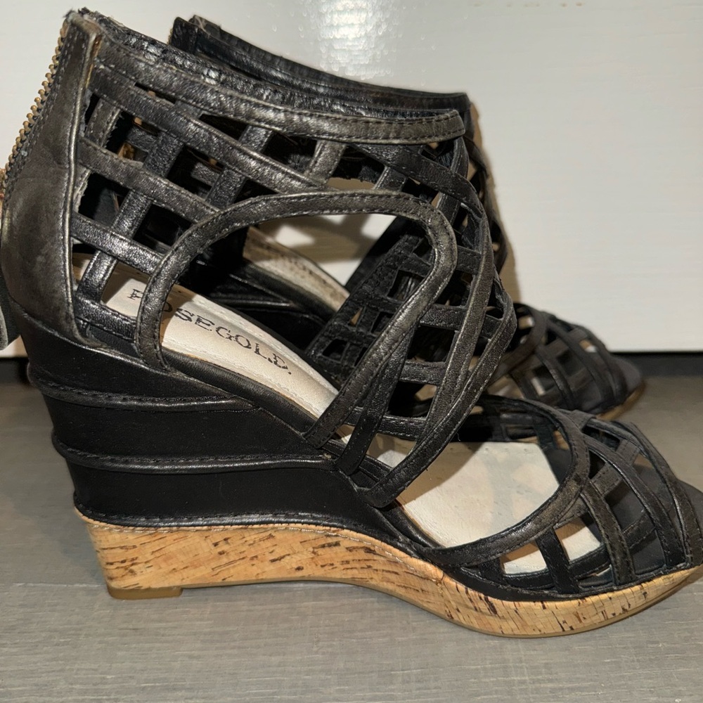 Rose Gold Leila Safari 4" Black Leather Tiered Wedge Heels Size 37 ~ 6.5 US